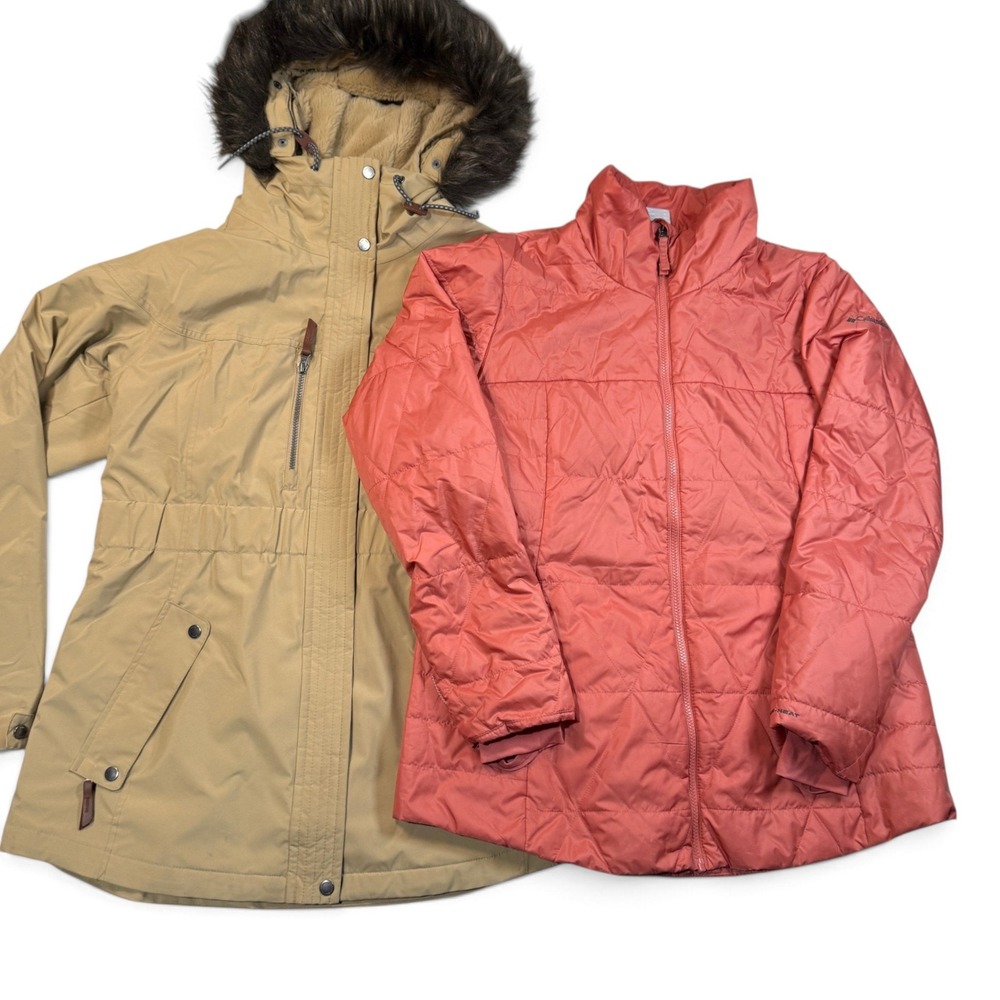 Columbia Womens XL Interchange 3-in-1 Jacket Tan Parka Coral Puffer Fur Hood